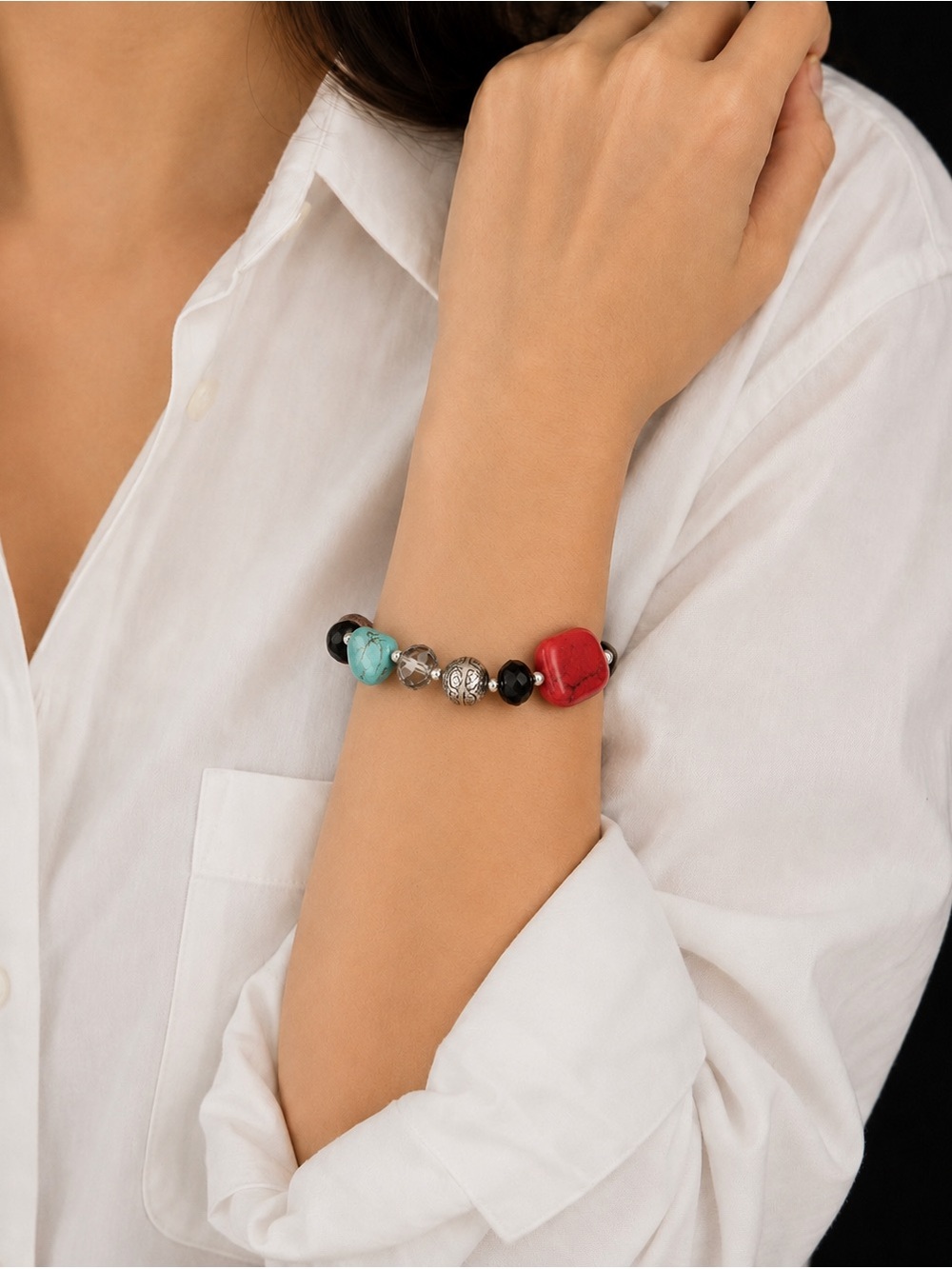 Beaded Stone Bracelet in Red and Blue Turquoise